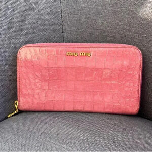 Miu Miu Pink Croc Embossed Leather Zip Around Wallet